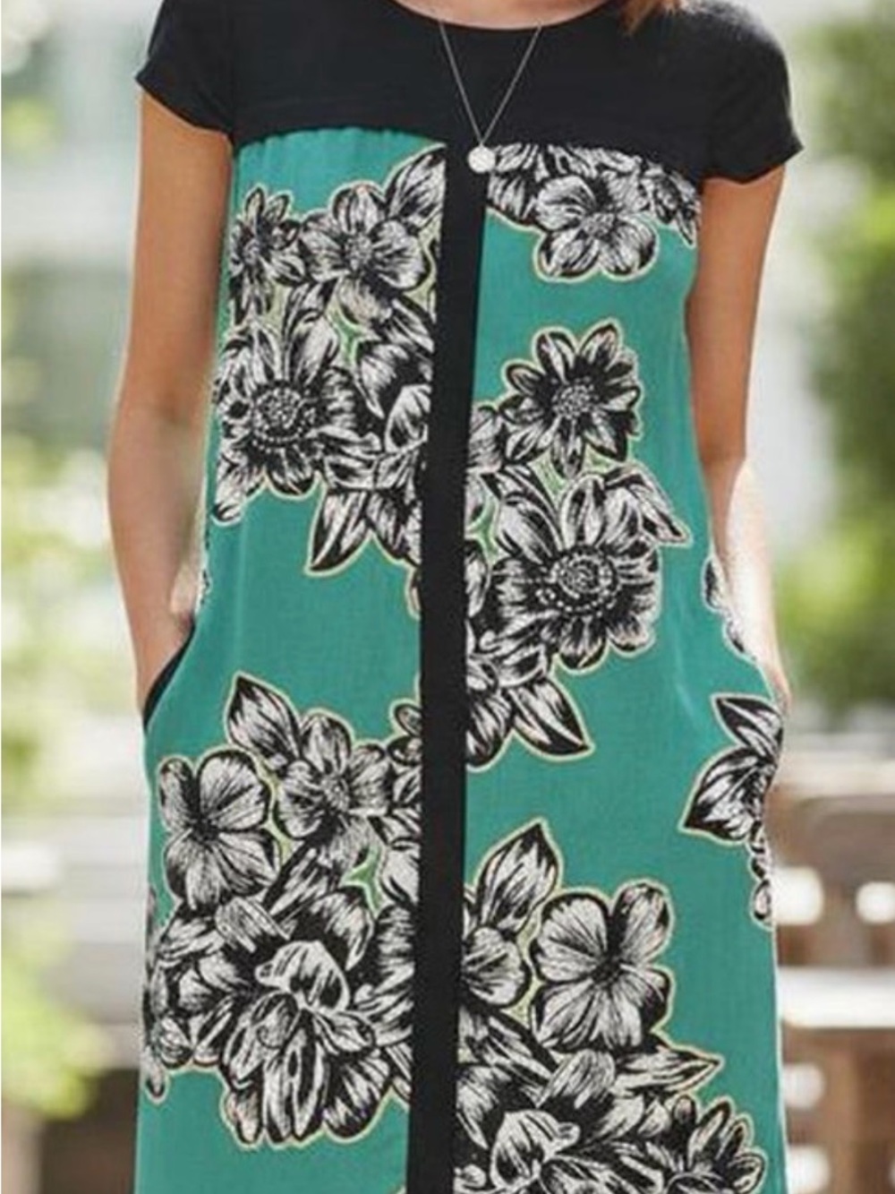 Mauve Teal Floral Dress with Black Yoke
